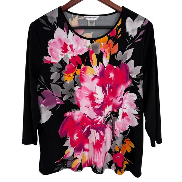 Allison Daley Petite Large Super Stretchy Black Pink Floral Blouse Shirt Top - Picture 1 of 7